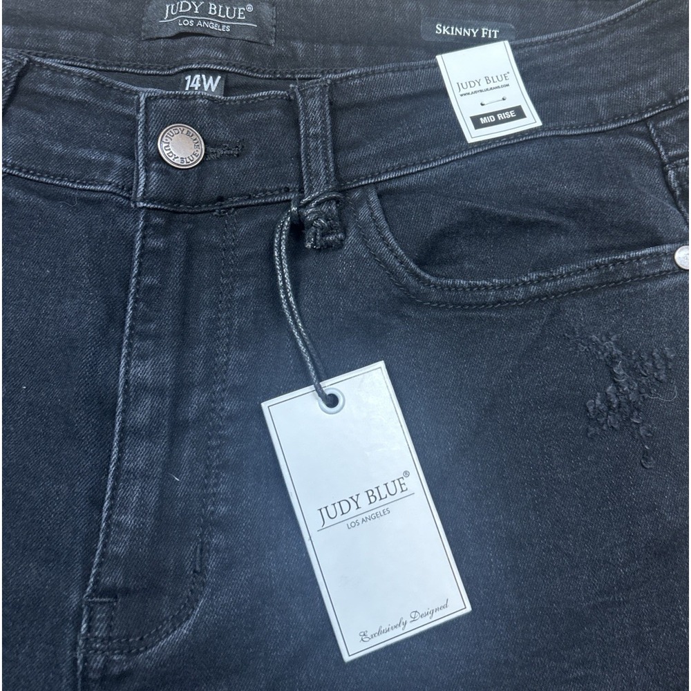 NWT Judy Blue Skinny Fit Mid‎ Rise Stretch Black Jeans Leopard Distressed Sz 14W - Picture 7 of 11